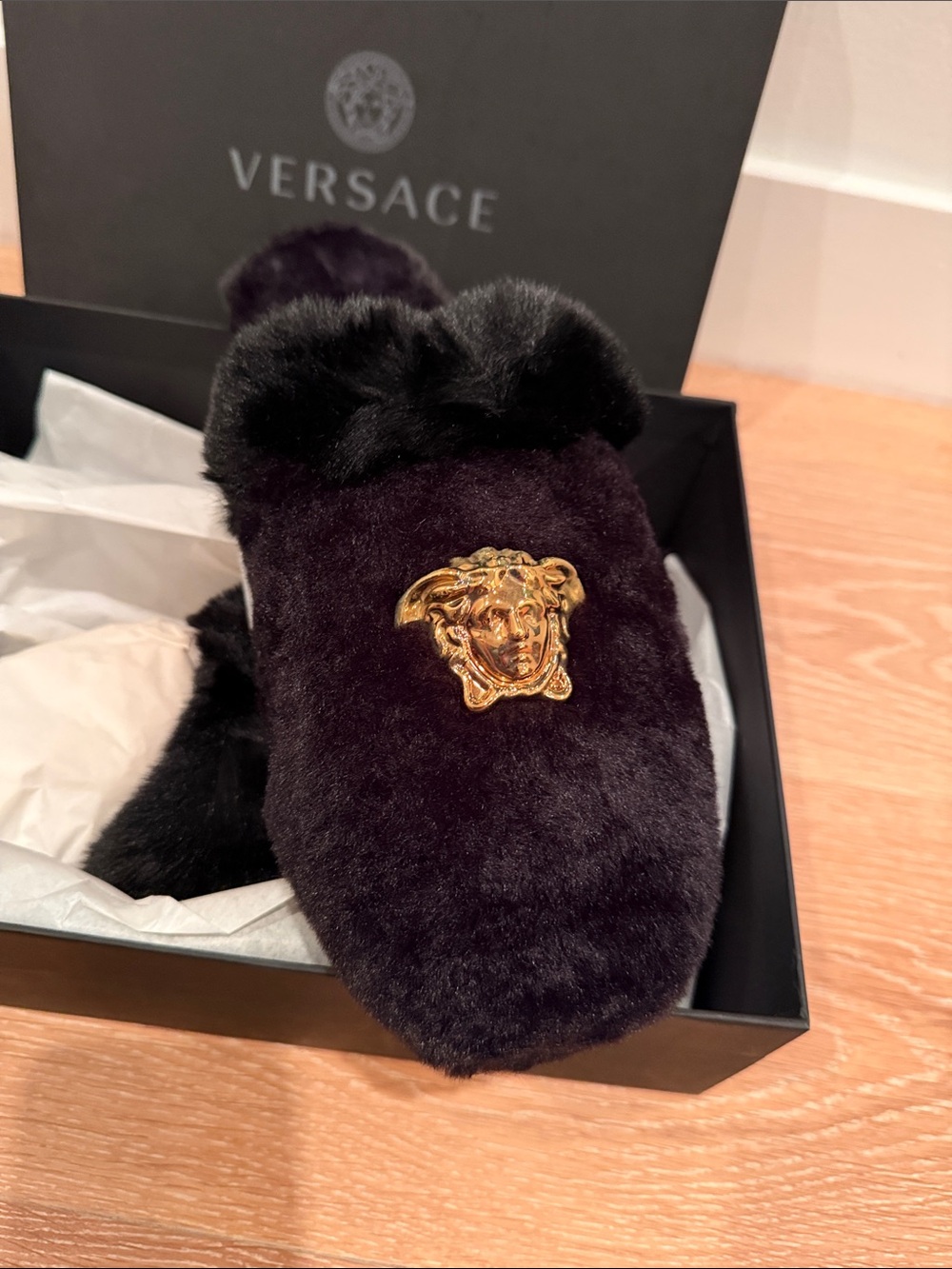 Versace Black Plush Fur Medusa Palazzo Slippers with Gold Emblem EUR 47